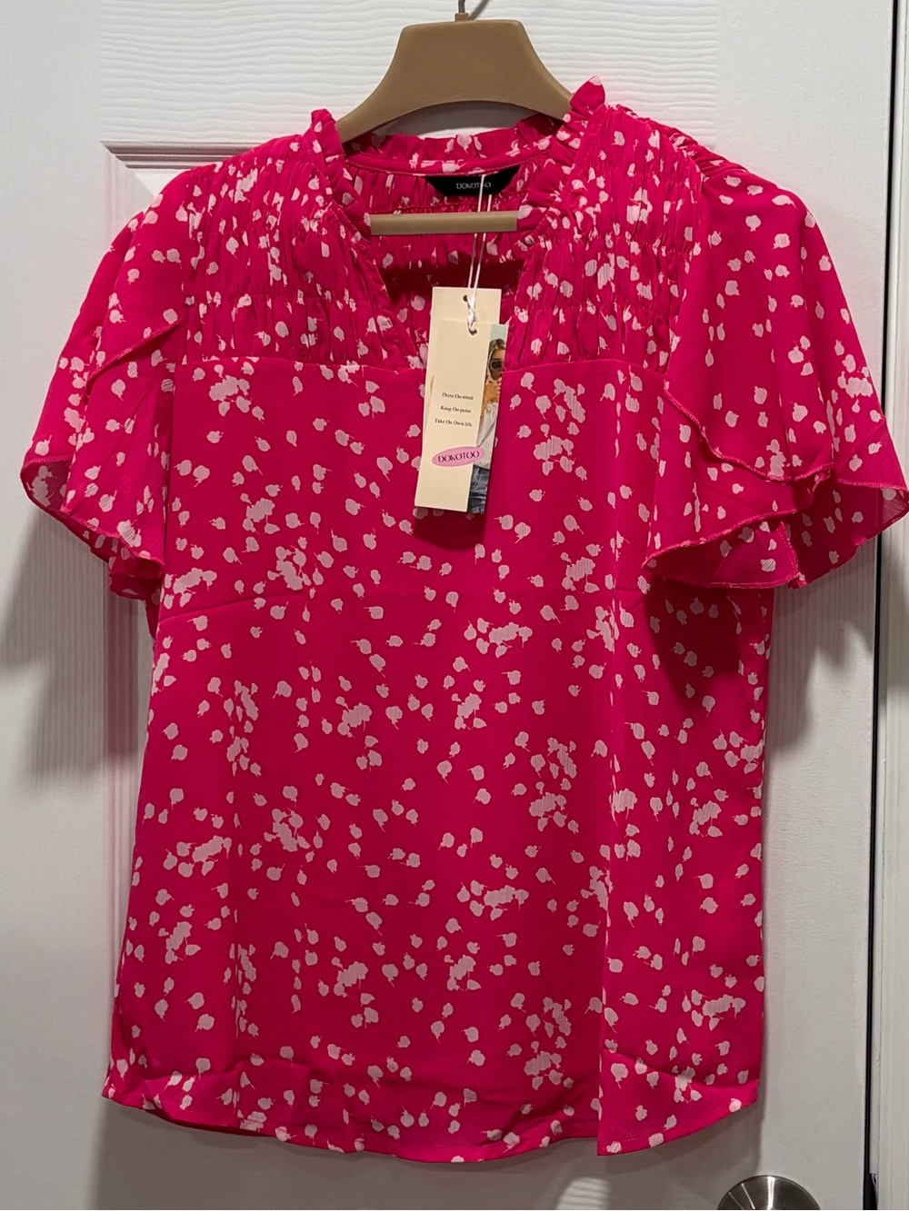 Flutter-Sleeve Smocked-Neck Blouse in Hot Pink - Picture 2 of 7